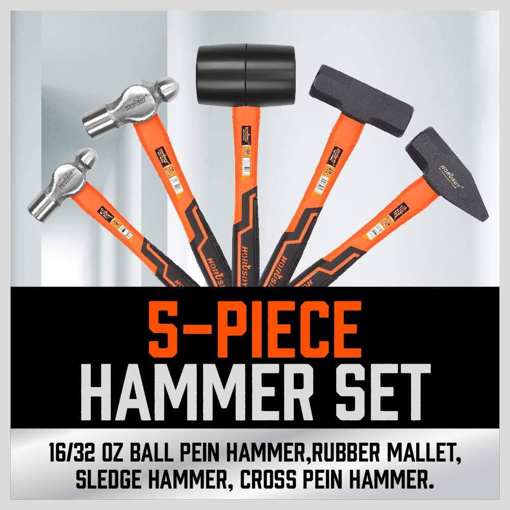 Five-piece HORUSDY hammer set including rubber mallet, sledge, cross pein, and two ball pein hammers with ergonomic anti-slip handles.