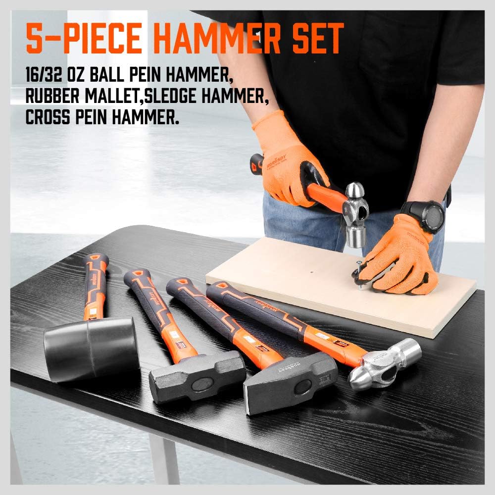 Five-piece HORUSDY hammer set including rubber mallet, sledge, cross pein, and two ball pein hammers with ergonomic anti-slip handles.