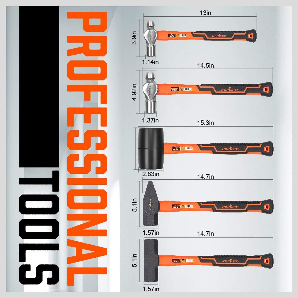 Five-piece HORUSDY hammer set including rubber mallet, sledge, cross pein, and two ball pein hammers with ergonomic anti-slip handles.