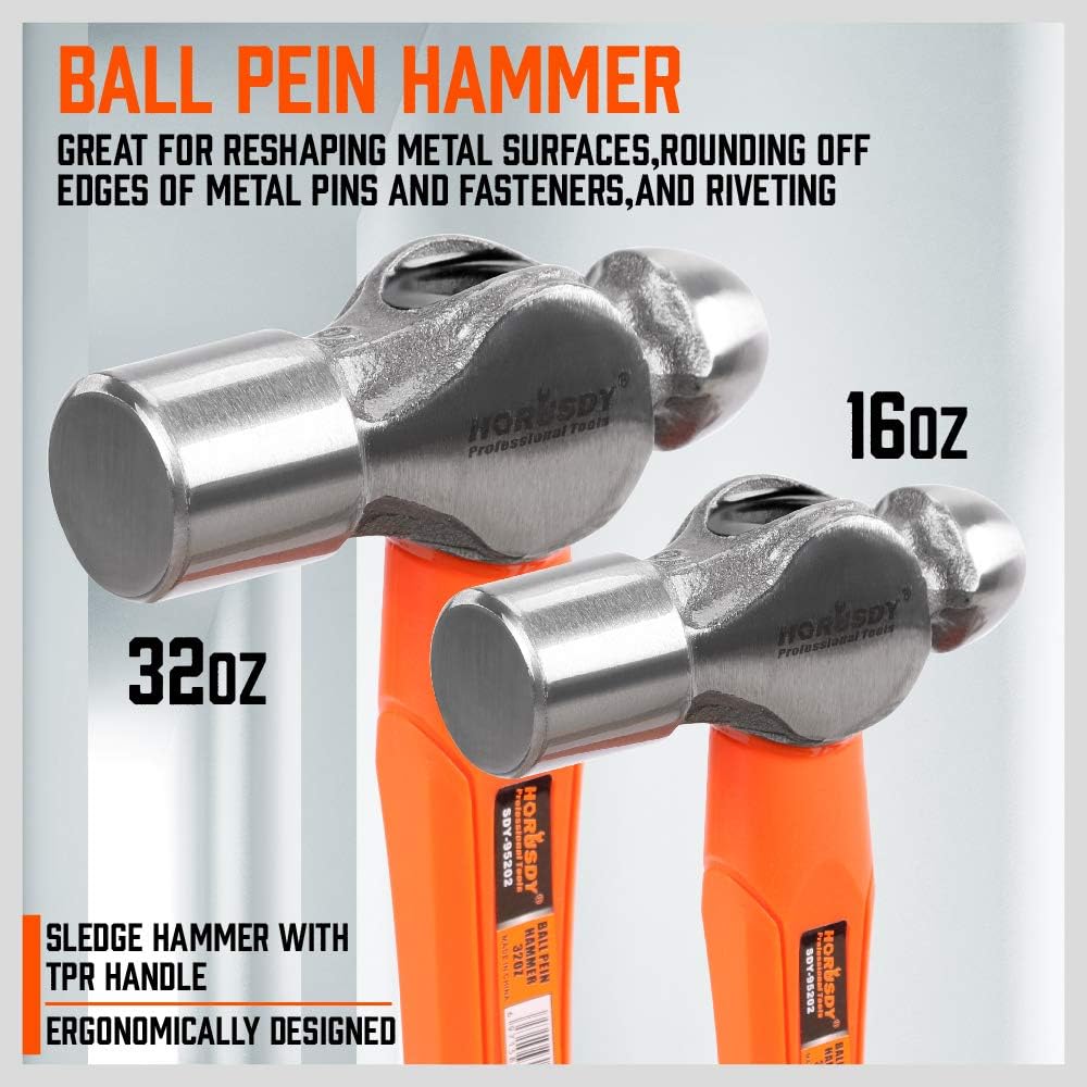 Five-piece HORUSDY hammer set including rubber mallet, sledge, cross pein, and two ball pein hammers with ergonomic anti-slip handles.