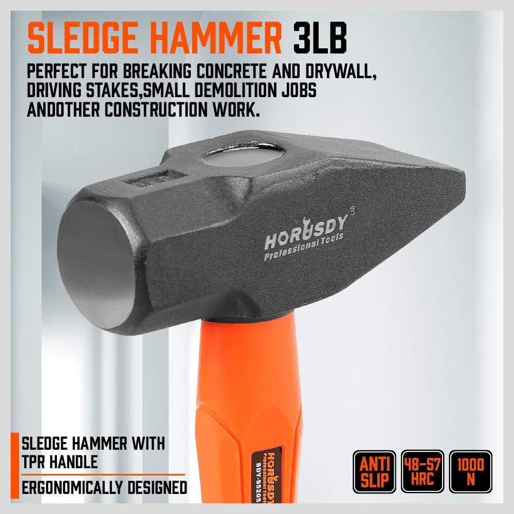 Five-piece HORUSDY hammer set including rubber mallet, sledge, cross pein, and two ball pein hammers with ergonomic anti-slip handles.