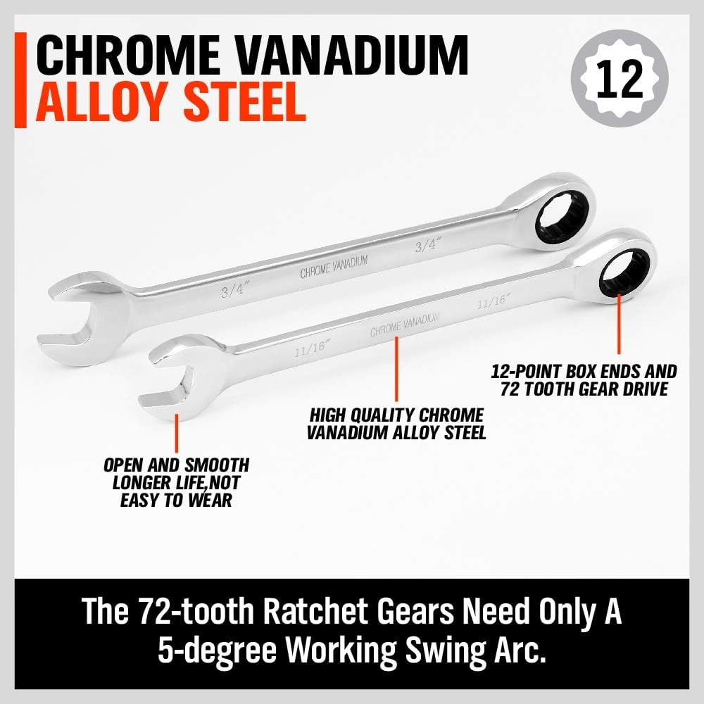 HORUSDY 48-piece ratcheting wrench and hex key set with tool roll, SAE and metric, chrome vanadium steel for automotive and mechanic tools