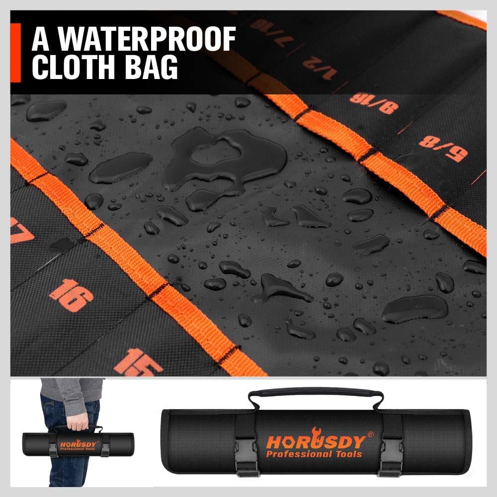 HORUSDY 48-piece ratcheting wrench and hex key set with tool roll, SAE and metric, chrome vanadium steel for automotive and mechanic tools