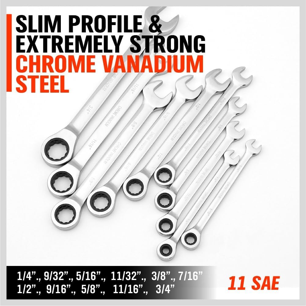 HORUSDY 48-piece ratcheting wrench and hex key set with tool roll, SAE and metric, chrome vanadium steel for automotive and mechanic tools