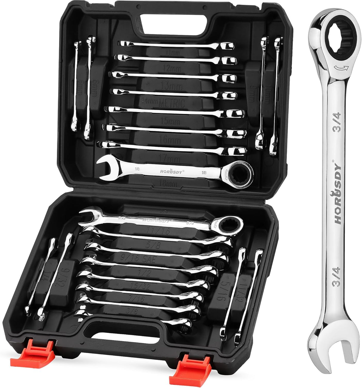 HORUSDY 24-piece ratcheting combination wrench set SAE and metric with chrome finish and storage case, ideal for automotive and mechanical work