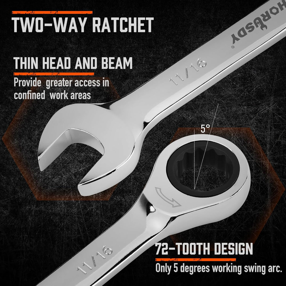 HORUSDY 24-piece ratcheting combination wrench set SAE and metric with chrome finish and storage case, ideal for automotive and mechanical work