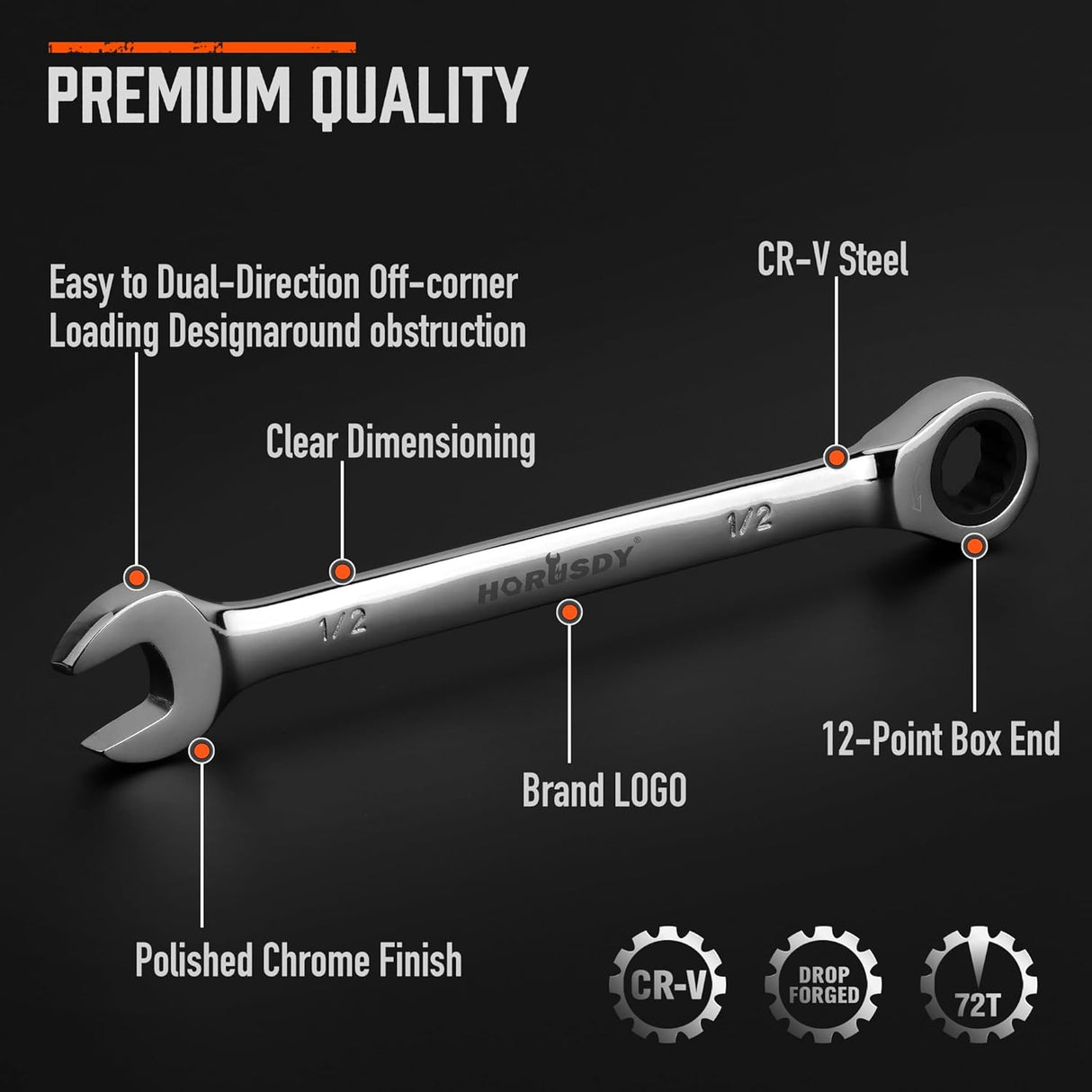 HORUSDY 24-piece ratcheting combination wrench set SAE and metric with chrome finish and storage case, ideal for automotive and mechanical work