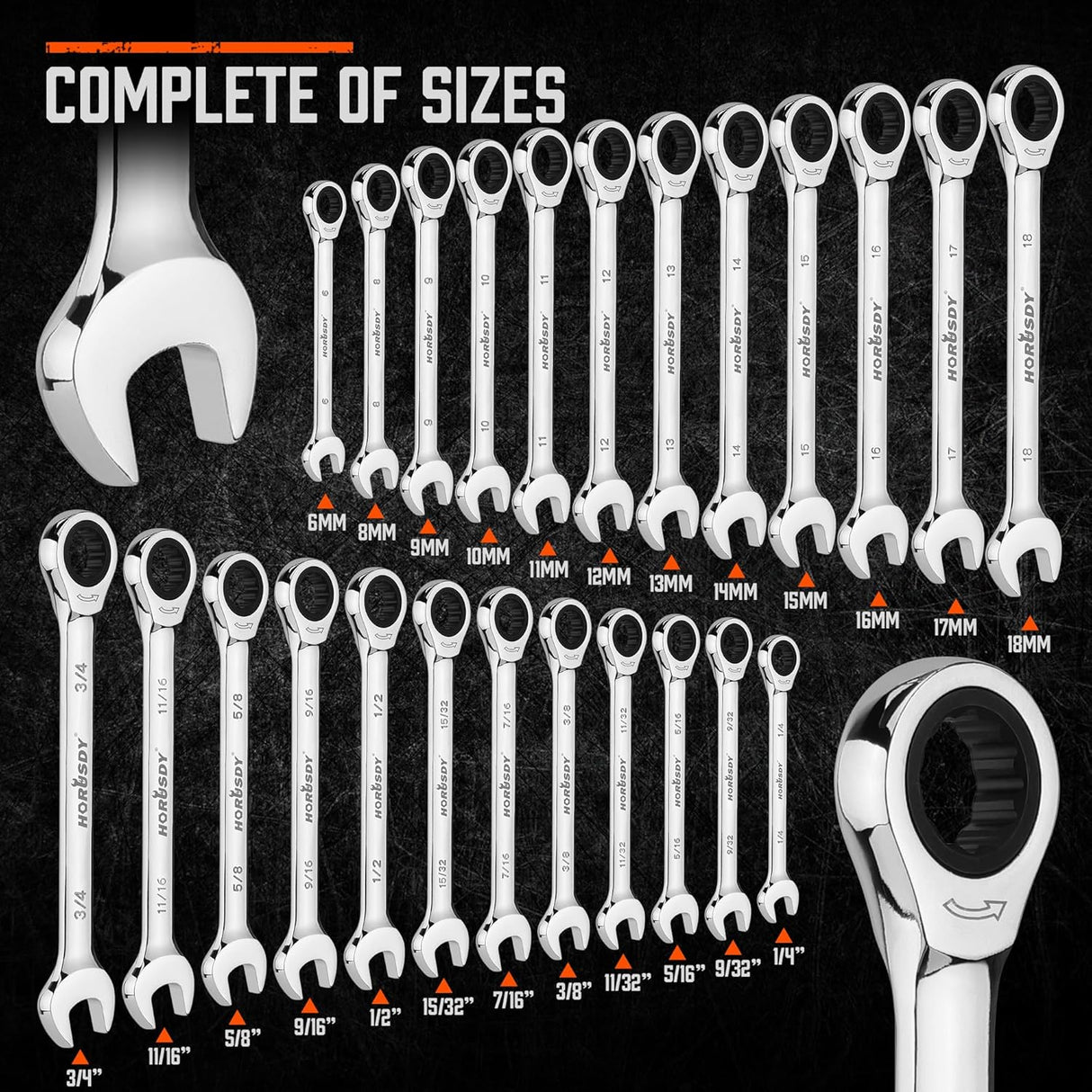 HORUSDY 24-piece ratcheting combination wrench set SAE and metric with chrome finish and storage case, ideal for automotive and mechanical work