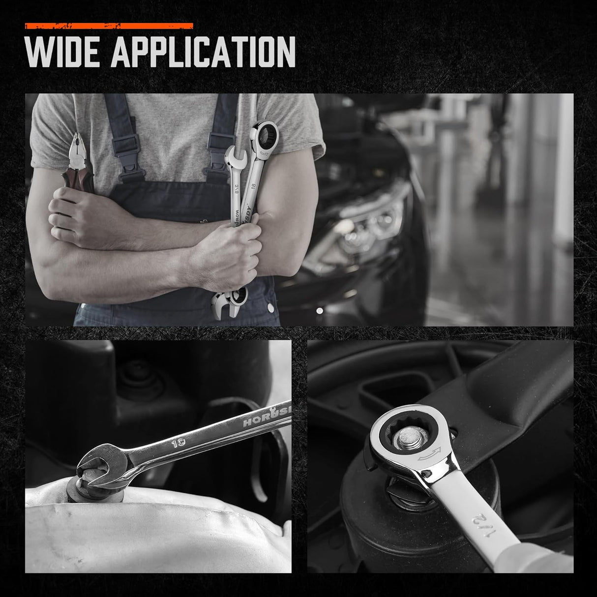 HORUSDY 24-piece ratcheting combination wrench set SAE and metric with chrome finish and storage case, ideal for automotive and mechanical work