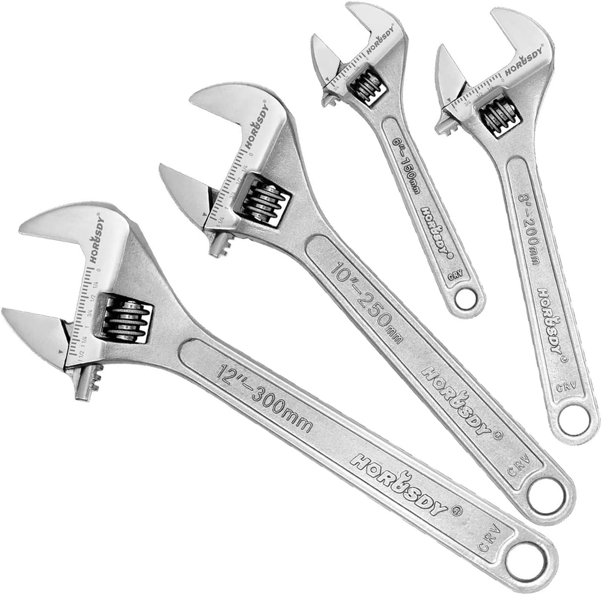 HORUSDY 4-Piece Adjustable Wrench Set, Chrome-Plated CR-V Steel, 6", 8", 10", 12", Fits Bolts up to 1.5” (40mm)