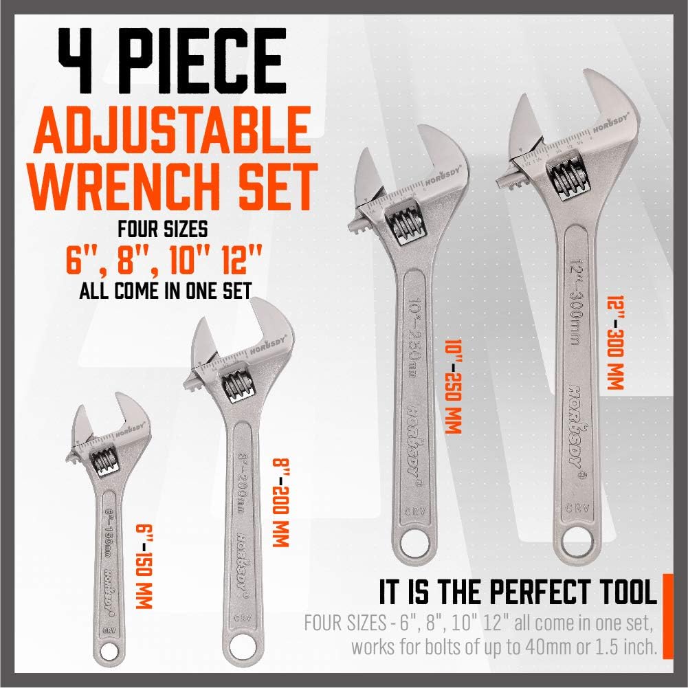 HORUSDY 4-Piece Adjustable Wrench Set, Chrome-Plated CR-V Steel, 6", 8", 10", 12", Fits Bolts up to 1.5” (40mm)