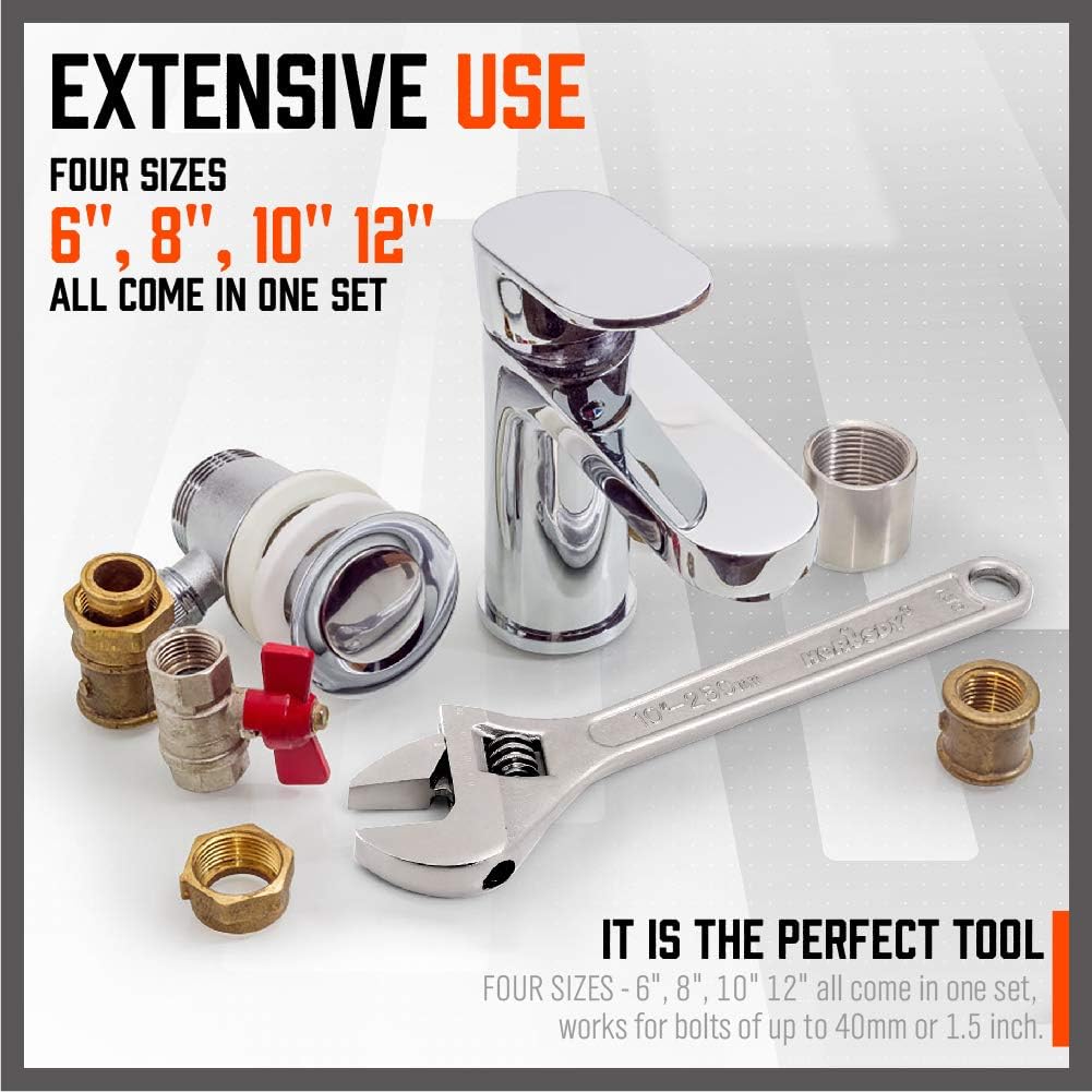 HORUSDY 4-Piece Adjustable Wrench Set, Chrome-Plated CR-V Steel, 6", 8", 10", 12", Fits Bolts up to 1.5” (40mm)