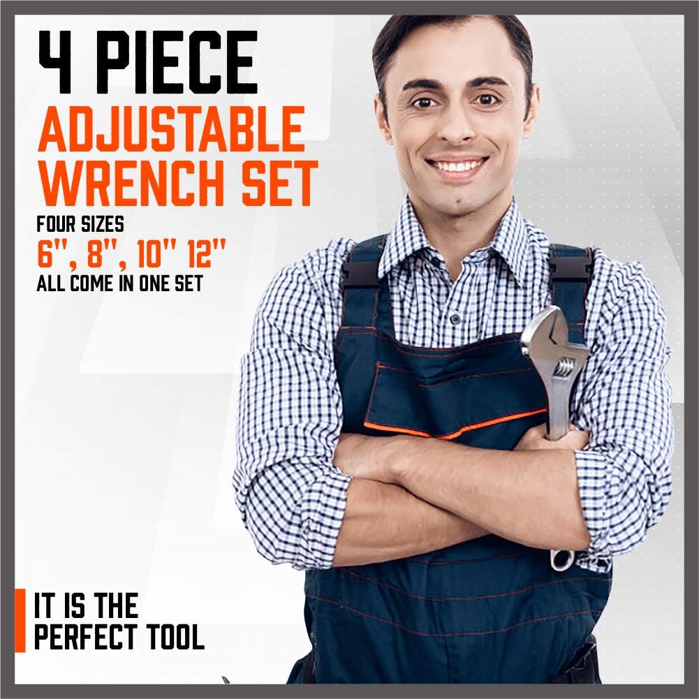 HORUSDY 4-Piece Adjustable Wrench Set, Chrome-Plated CR-V Steel, 6", 8", 10", 12", Fits Bolts up to 1.5” (40mm)