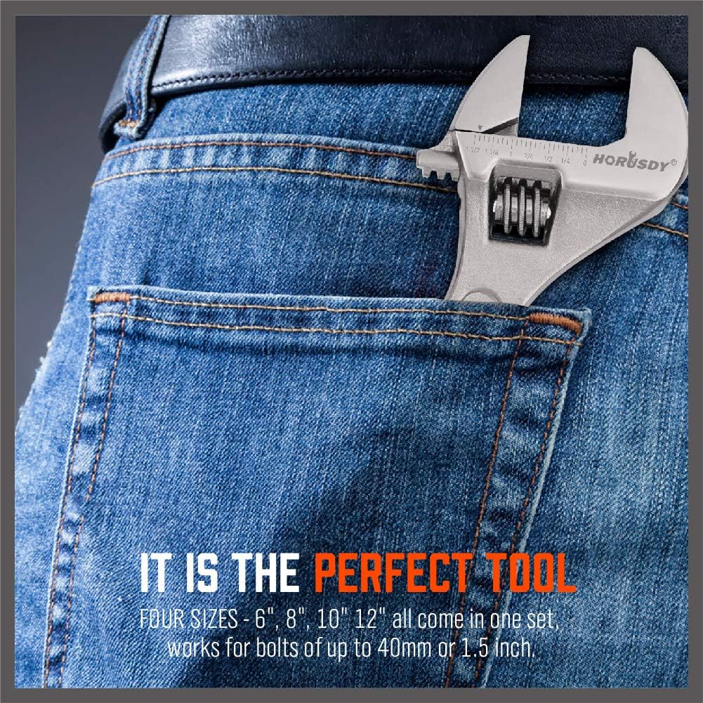 HORUSDY 4-Piece Adjustable Wrench Set, Chrome-Plated CR-V Steel, 6", 8", 10", 12", Fits Bolts up to 1.5” (40mm)