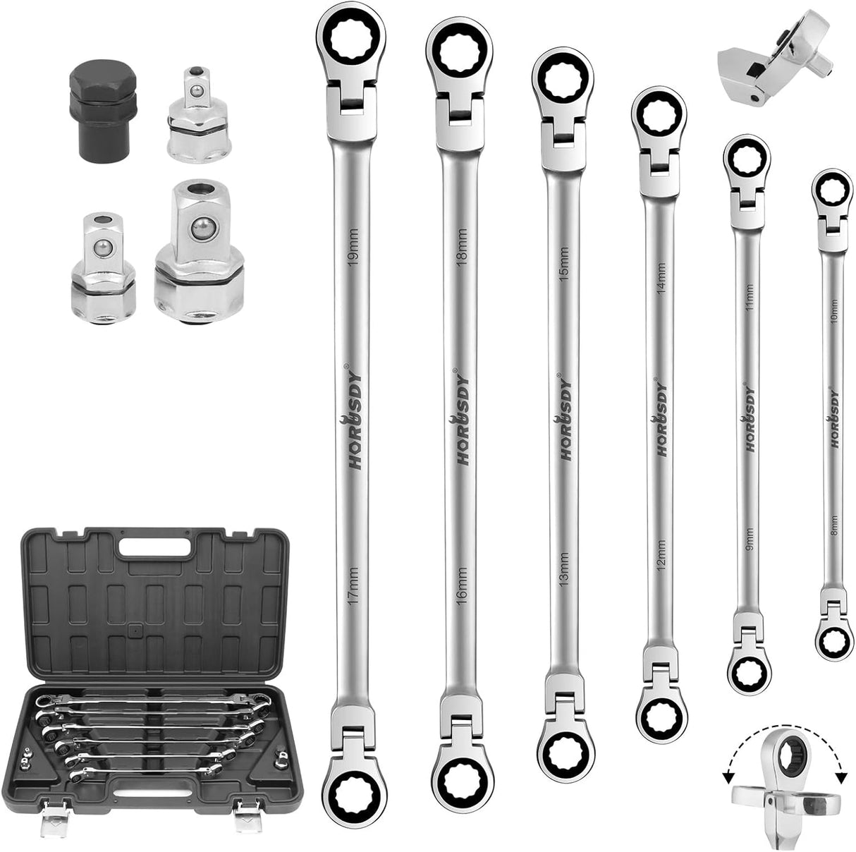 HORUSDY 10-piece metric ratcheting wrench set with flexible heads, chrome vanadium steel construction, socket adapters, and storage case