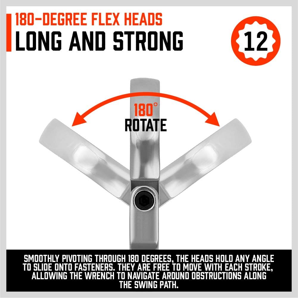 HORUSDY 10-piece metric ratcheting wrench set with flexible heads, chrome vanadium steel construction, socket adapters, and storage case