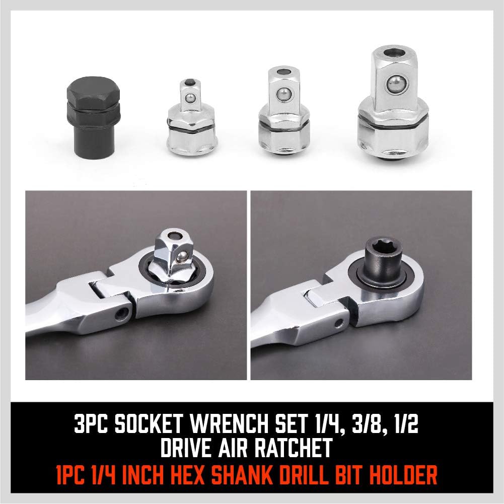 HORUSDY 10-piece metric ratcheting wrench set with flexible heads, chrome vanadium steel construction, socket adapters, and storage case