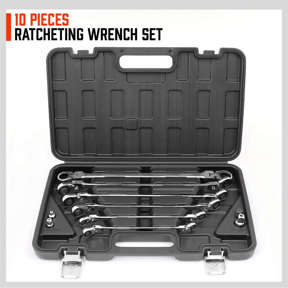 HORUSDY 10-piece metric ratcheting wrench set with flexible heads, chrome vanadium steel construction, socket adapters, and storage case
