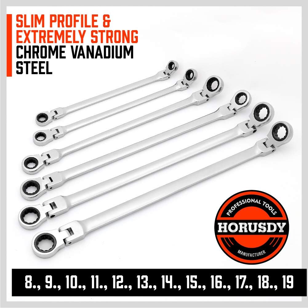 HORUSDY 10-piece metric ratcheting wrench set with flexible heads, chrome vanadium steel construction, socket adapters, and storage case