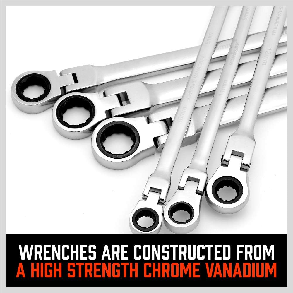 HORUSDY 10-piece metric ratcheting wrench set with flexible heads, chrome vanadium steel construction, socket adapters, and storage case