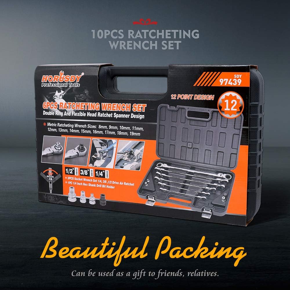 HORUSDY 10-piece metric ratcheting wrench set with flexible heads, chrome vanadium steel construction, socket adapters, and storage case