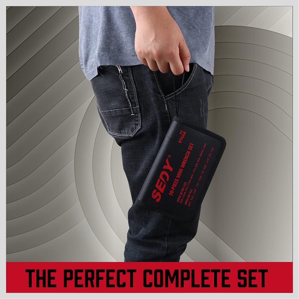 SEDY 22-piece mini metric and SAE combination wrench set in compact storage pouch for tight space repairs