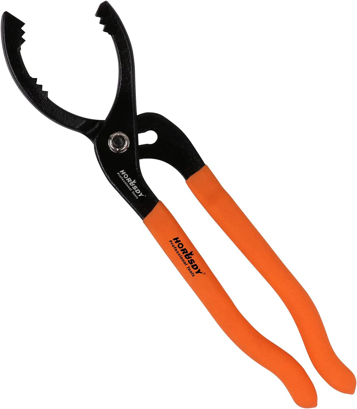 HORUSDY 12-inch adjustable oil filter pliers with slip joint design, non-slip handles, and secure grip for 2.5 to 4.6 inch filters