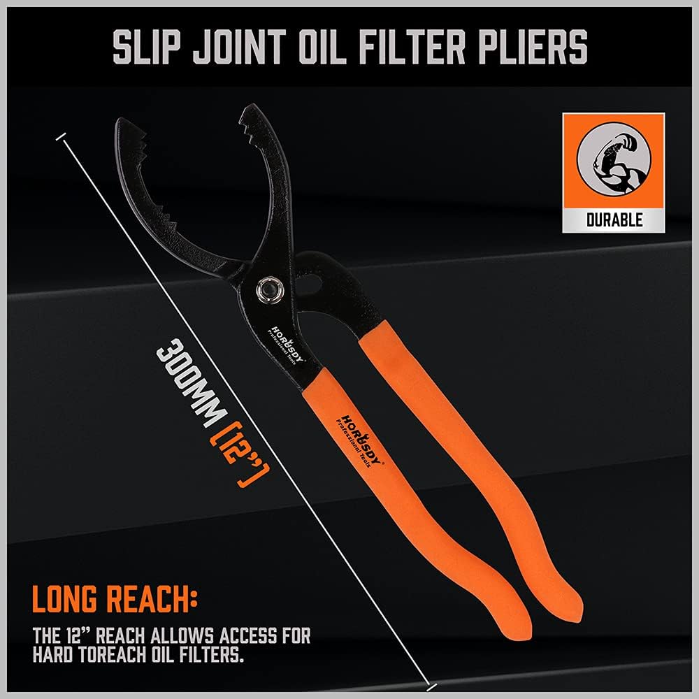 HORUSDY 12-inch adjustable oil filter pliers with slip joint design, non-slip handles, and secure grip for 2.5 to 4.6 inch filters