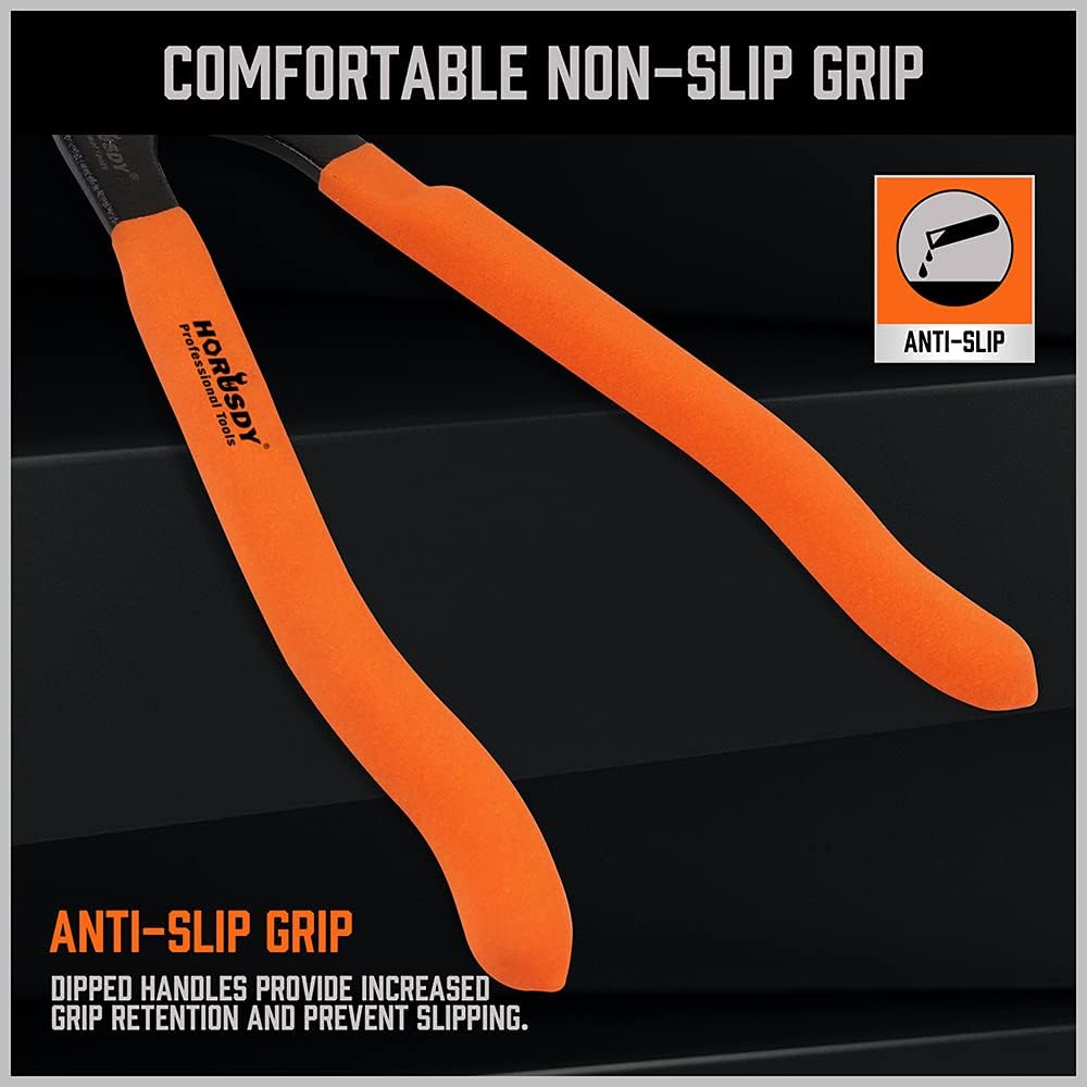 HORUSDY 12-inch adjustable oil filter pliers with slip joint design, non-slip handles, and secure grip for 2.5 to 4.6 inch filters