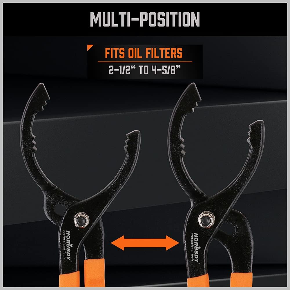 HORUSDY 12-inch adjustable oil filter pliers with slip joint design, non-slip handles, and secure grip for 2.5 to 4.6 inch filters