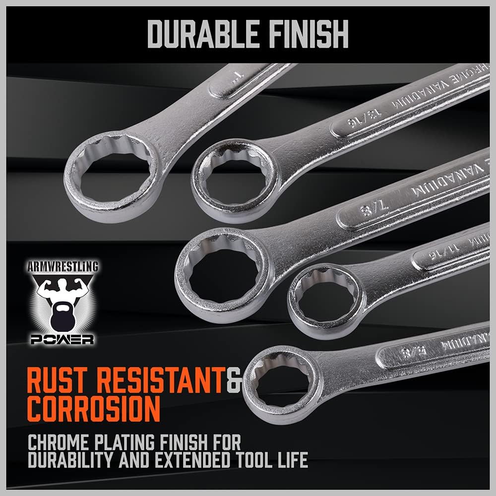 HORUSDY 26-piece combination wrench set with SAE and metric sizes, chrome vanadium steel, rust-resistant finish, and roll-up pouch for tool organization