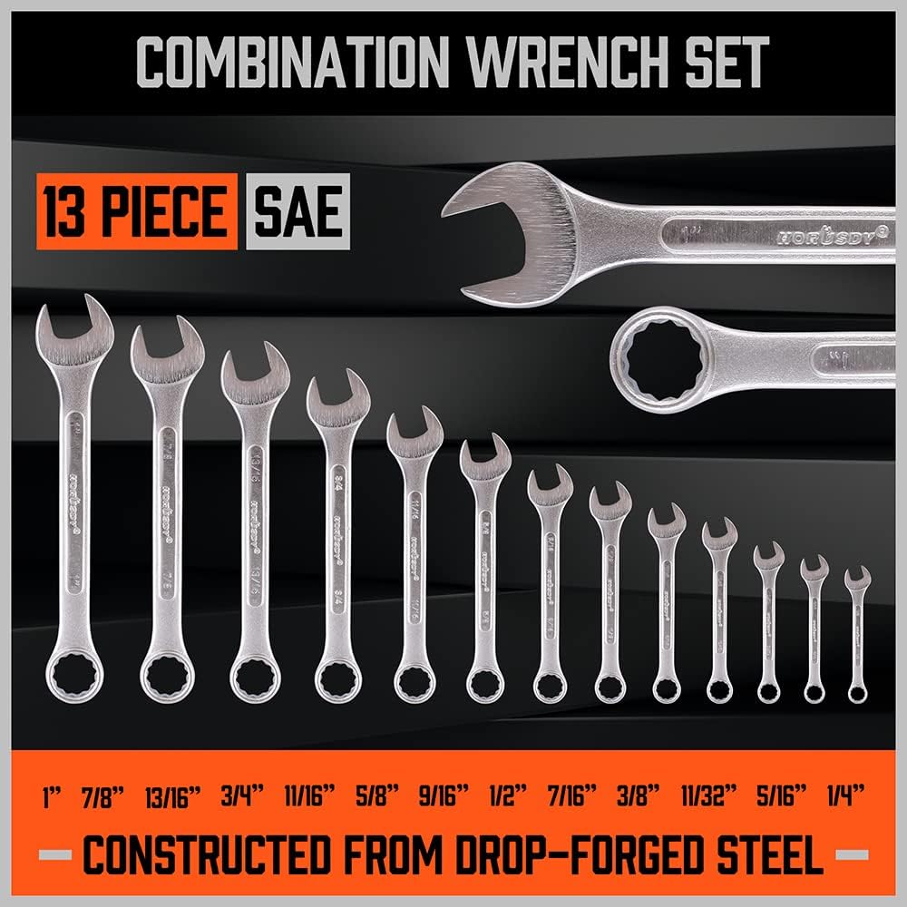 HORUSDY 26-piece combination wrench set with SAE and metric sizes, chrome vanadium steel, rust-resistant finish, and roll-up pouch for tool organization