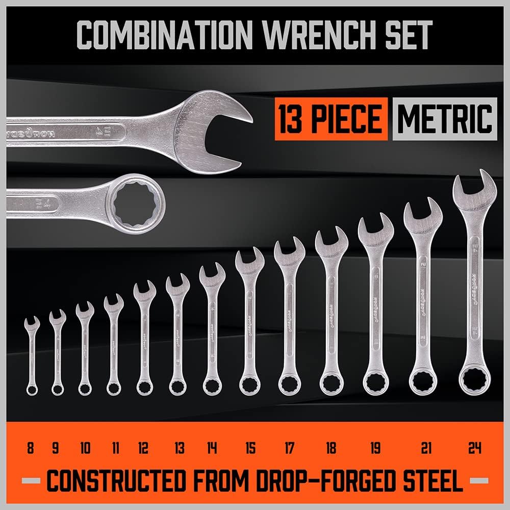 HORUSDY 26-piece combination wrench set with SAE and metric sizes, chrome vanadium steel, rust-resistant finish, and roll-up pouch for tool organization