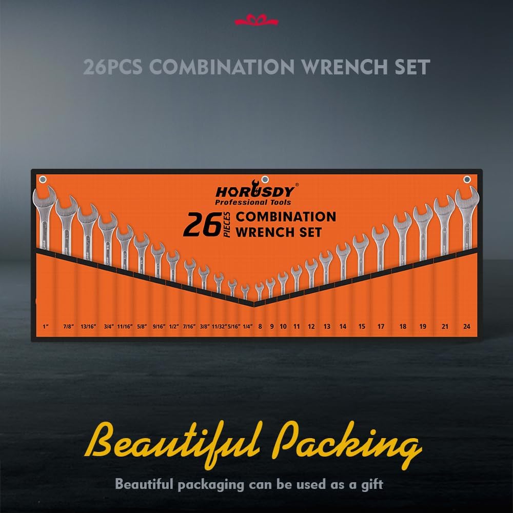 HORUSDY 26-piece combination wrench set with SAE and metric sizes, chrome vanadium steel, rust-resistant finish, and roll-up pouch for tool organization