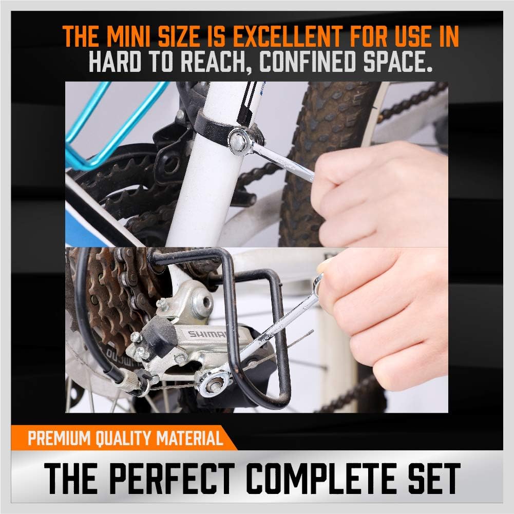 HORUSDY 20-piece mini combination wrench set with metric and SAE sizes, compact storage pouches and carabiner, perfect for tight spaces and DIY repairs