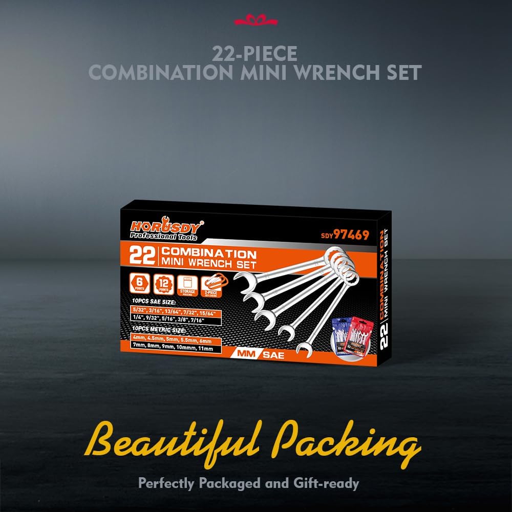 HORUSDY 20-piece mini combination wrench set with metric and SAE sizes, compact storage pouches and carabiner, perfect for tight spaces and DIY repairs