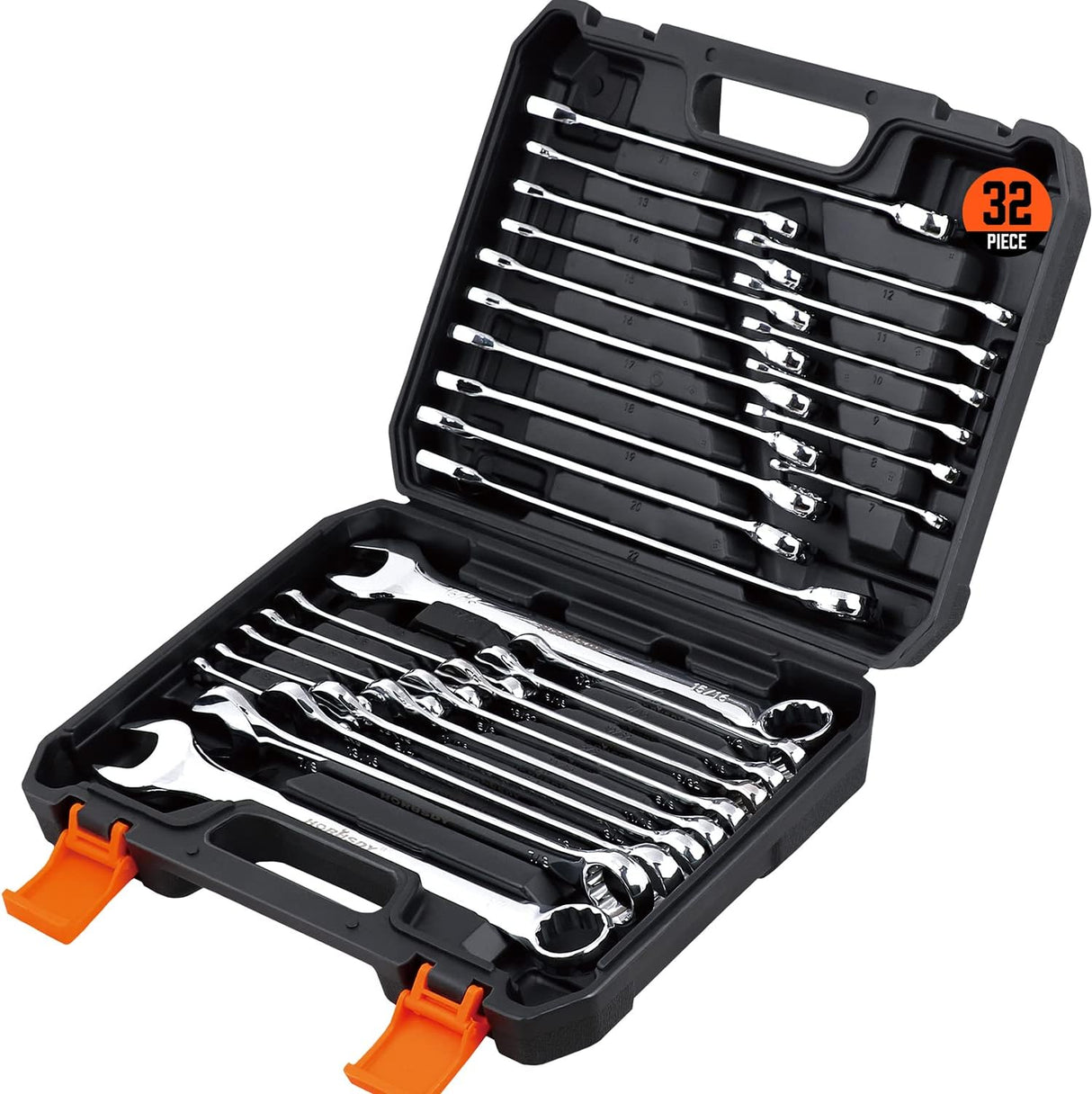 HORUSDY 32-piece combination wrench set with metric and SAE sizes, chrome vanadium finish, storage case