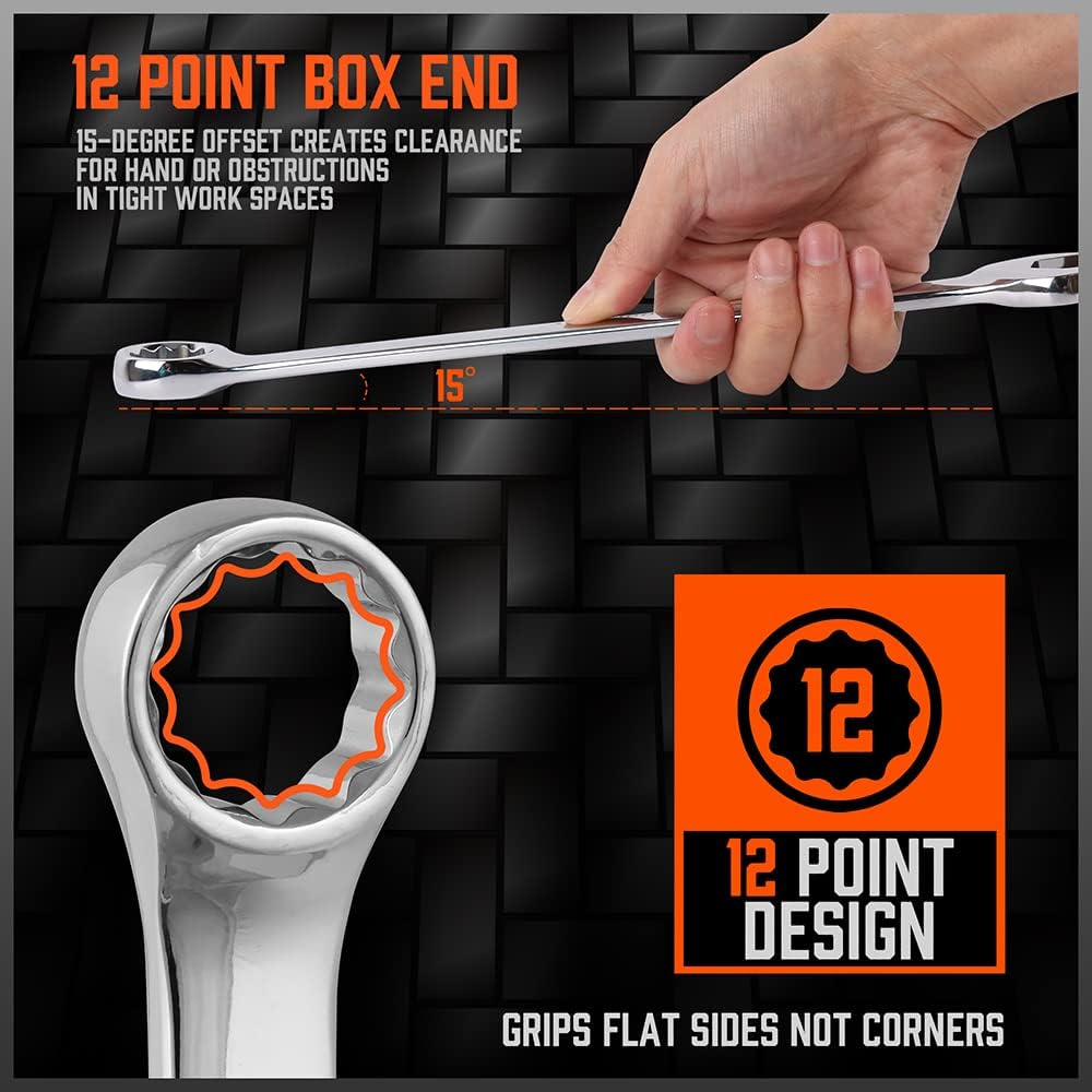 HORUSDY 32-piece combination wrench set with metric and SAE sizes, chrome vanadium finish, storage case