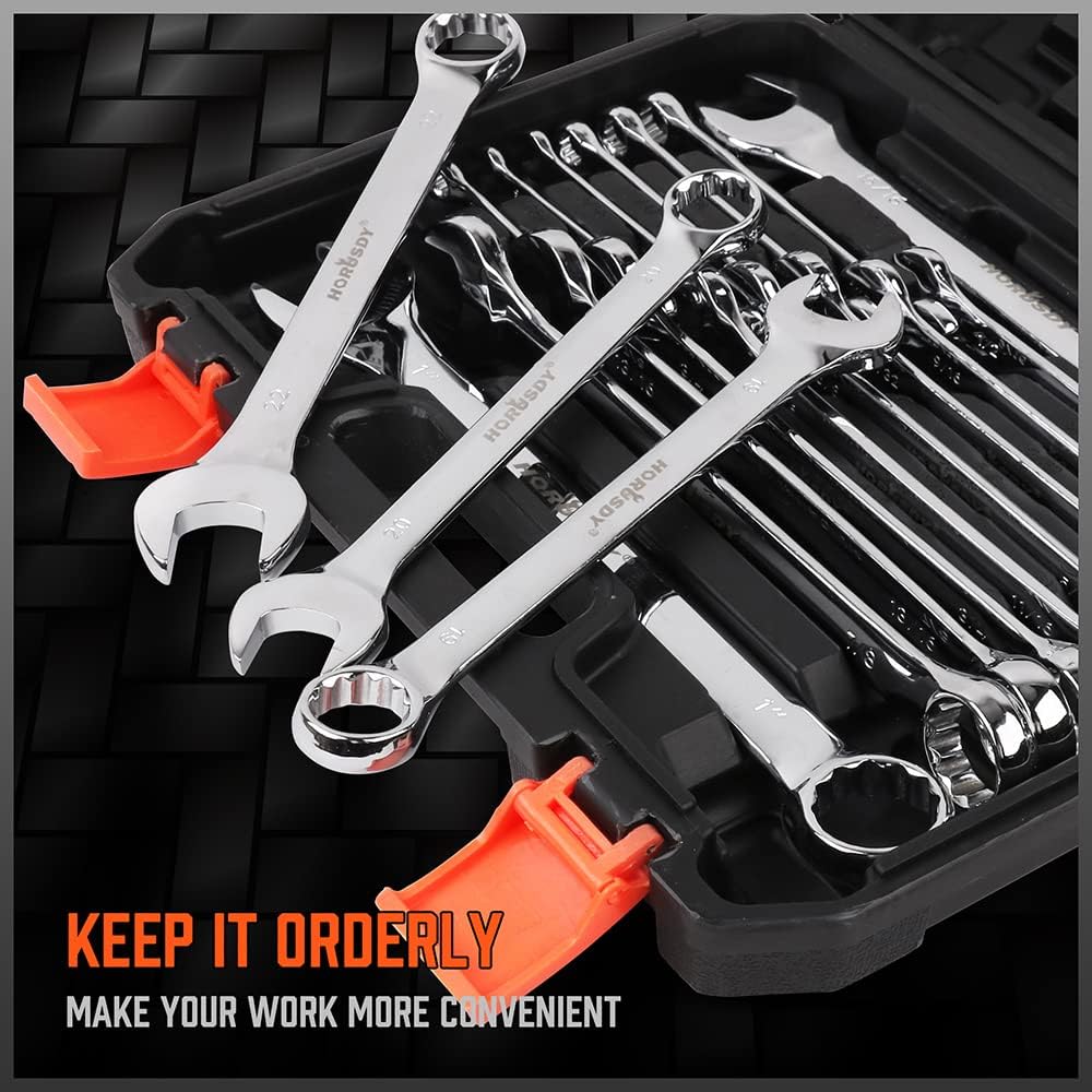 HORUSDY 32-piece combination wrench set with metric and SAE sizes, chrome vanadium finish, storage case