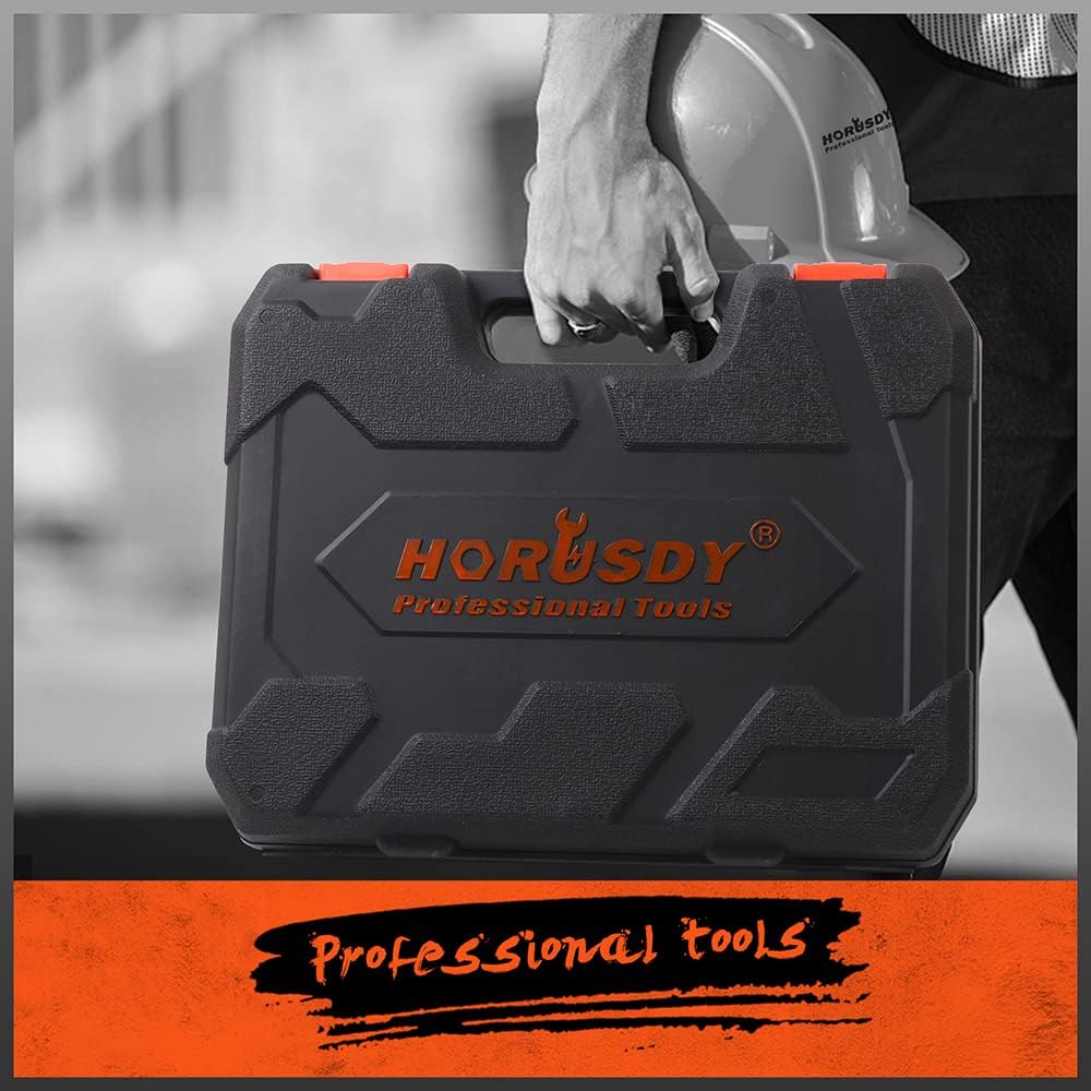 HORUSDY 32-piece combination wrench set with metric and SAE sizes, chrome vanadium finish, storage case