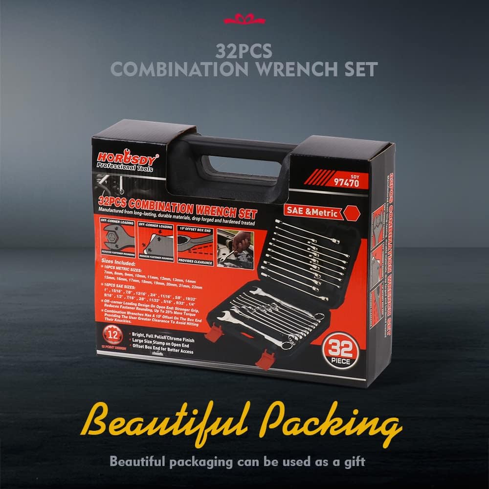 HORUSDY 32-piece combination wrench set with metric and SAE sizes, chrome vanadium finish, storage case