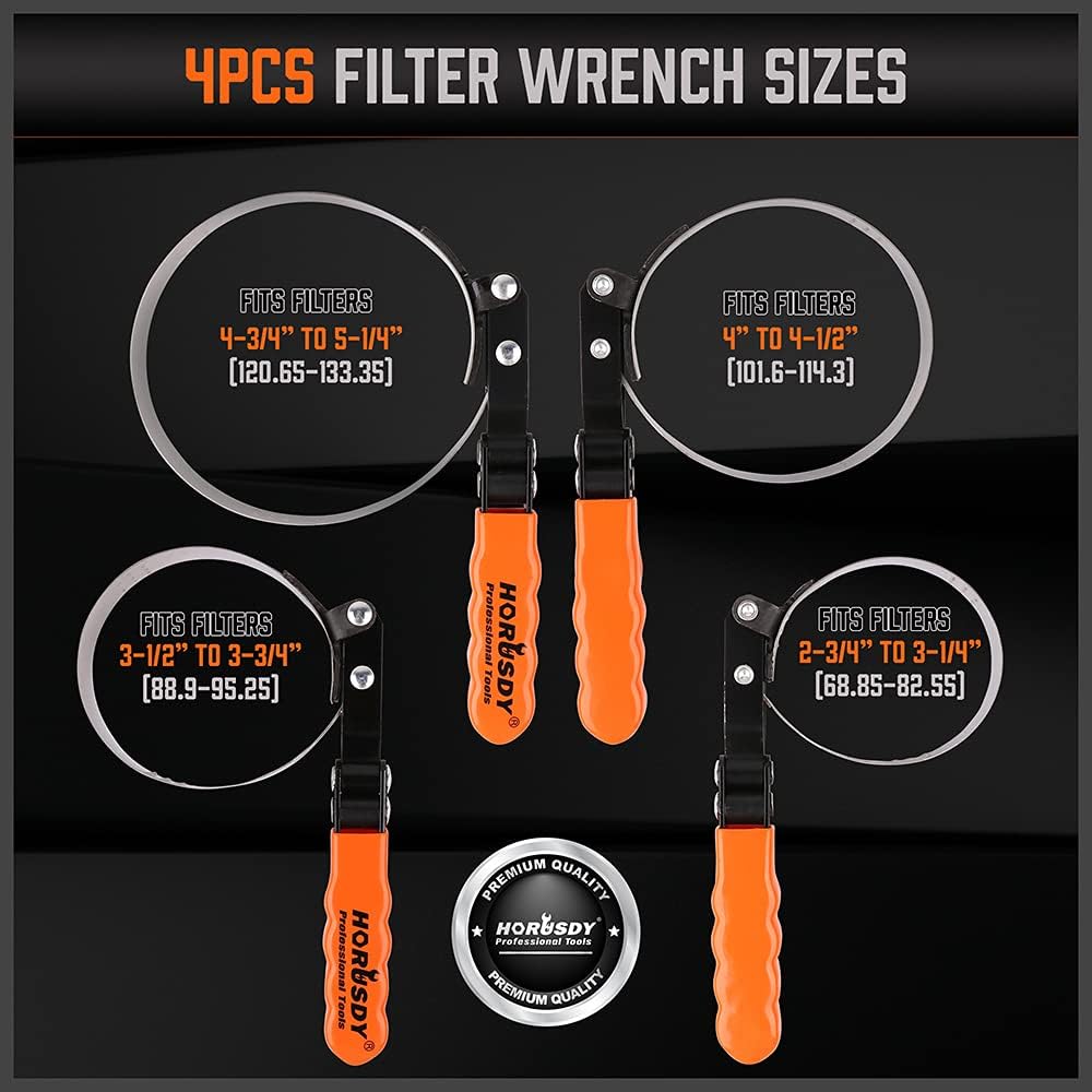 HORUSDY 5-piece oil filter wrench set with adjustable swivel handles and 12-inch pliers, packed in durable carrying case