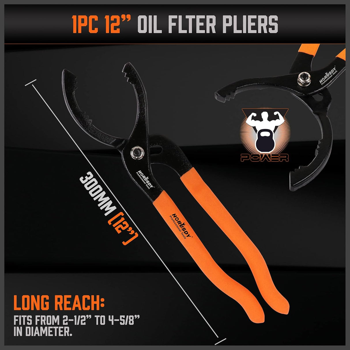 HORUSDY 5-piece oil filter wrench set with adjustable swivel handles and 12-inch pliers, packed in durable carrying case