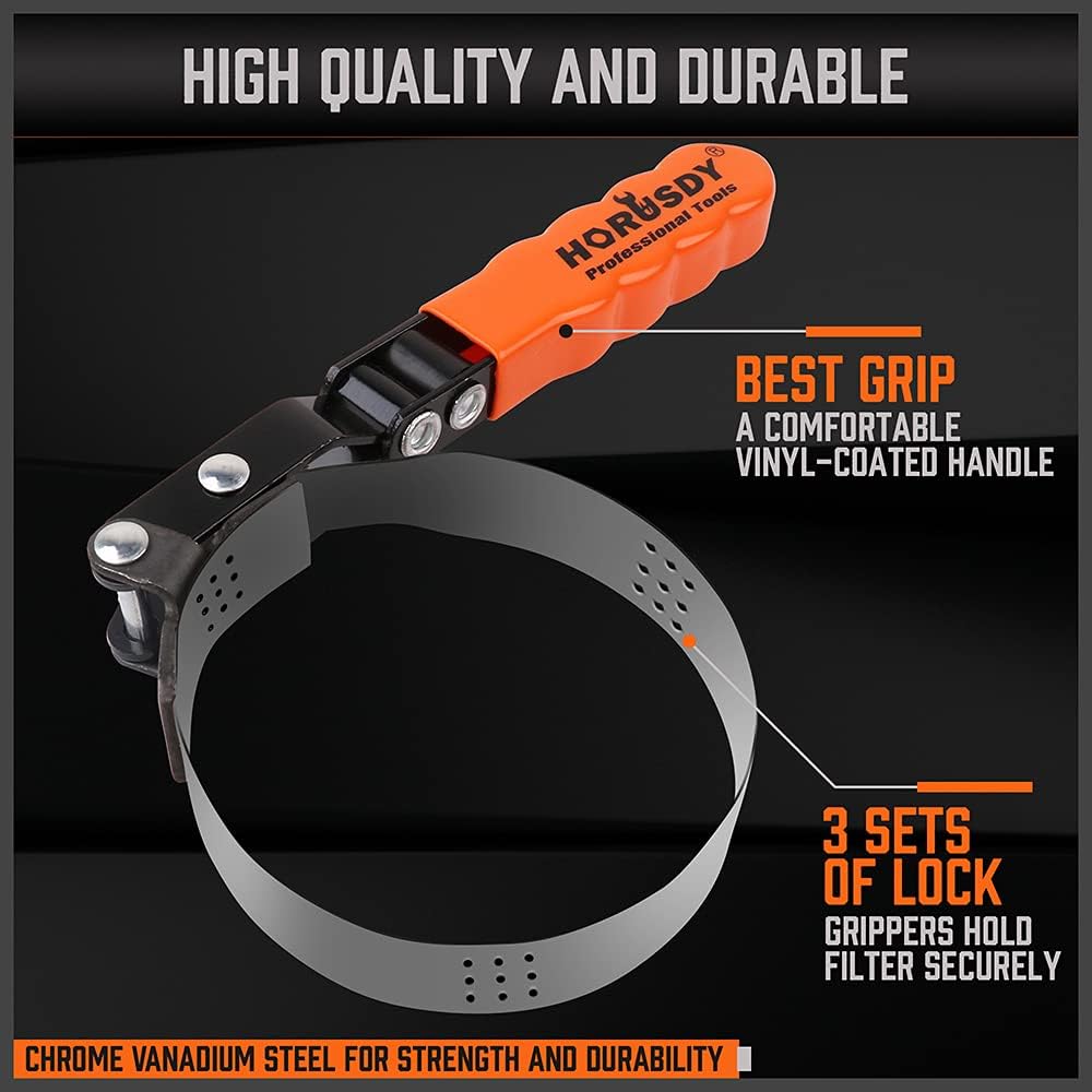 HORUSDY 5-piece oil filter wrench set with adjustable swivel handles and 12-inch pliers, packed in durable carrying case
