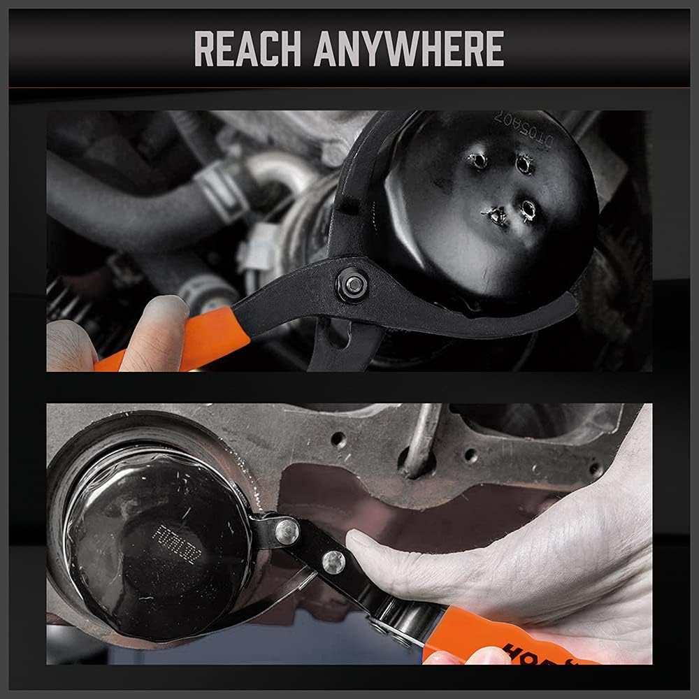 HORUSDY 5-piece oil filter wrench set with adjustable swivel handles and 12-inch pliers, packed in durable carrying case