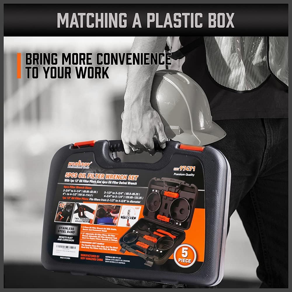 HORUSDY 5-piece oil filter wrench set with adjustable swivel handles and 12-inch pliers, packed in durable carrying case