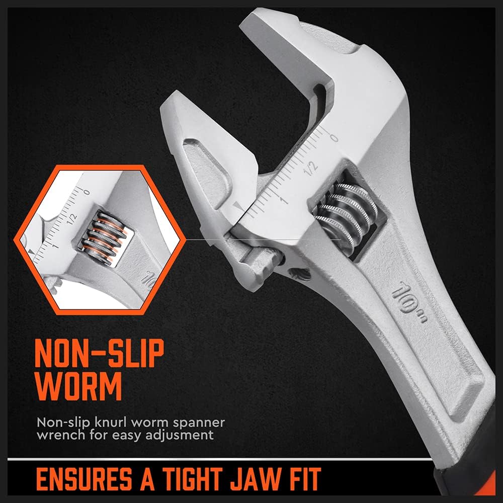 HORUSDY 3-piece adjustable wrench set with 6, 8, and 10-inch sizes, chrome vanadium steel, dual metric and SAE scales, and slip-resistant ergonomic handles