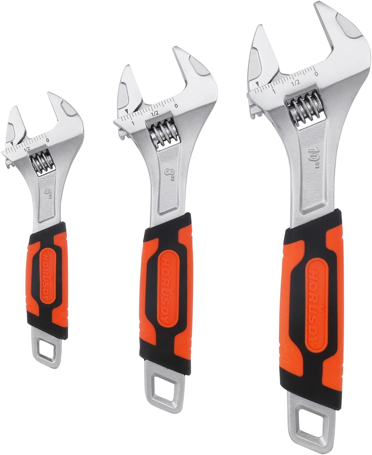 HORUSDY 3-piece adjustable wrench set with 6, 8, and 10-inch sizes, chrome vanadium steel, dual metric and SAE scales, and slip-resistant ergonomic handles