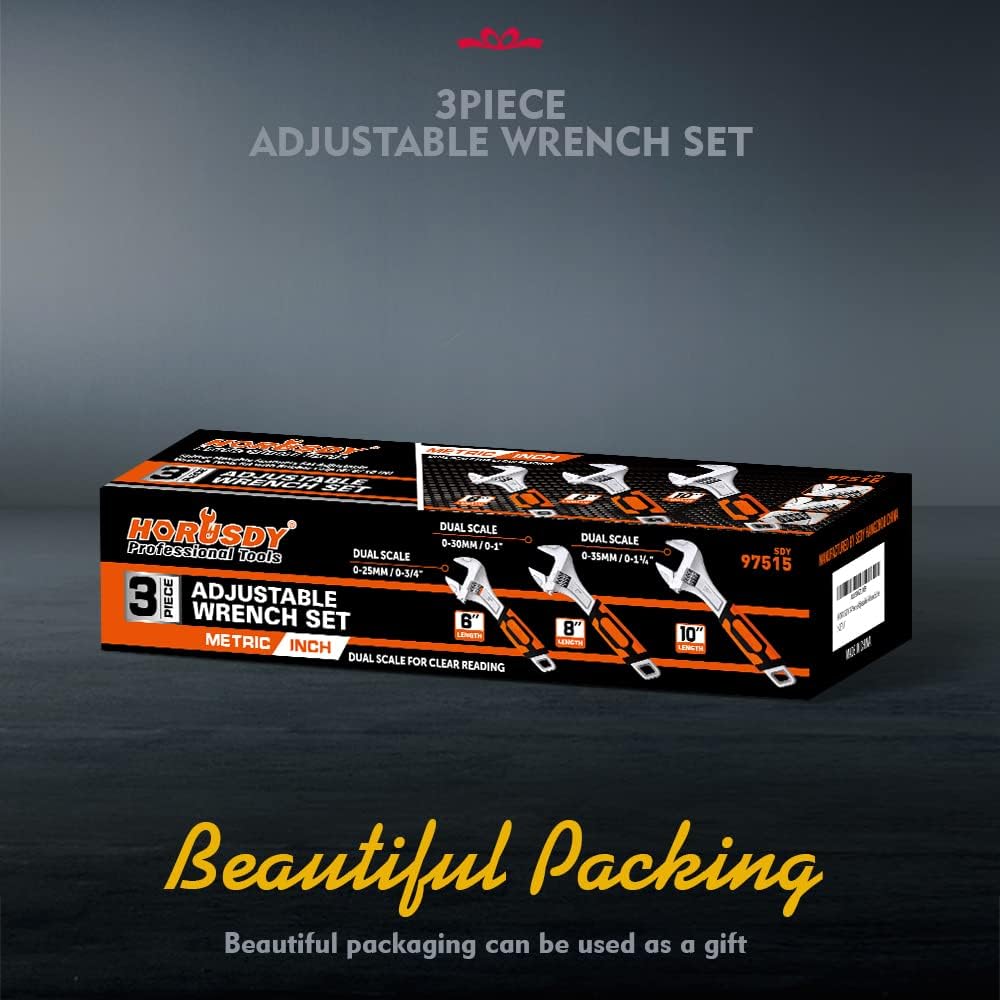 HORUSDY 3-piece adjustable wrench set with 6, 8, and 10-inch sizes, chrome vanadium steel, dual metric and SAE scales, and slip-resistant ergonomic handles