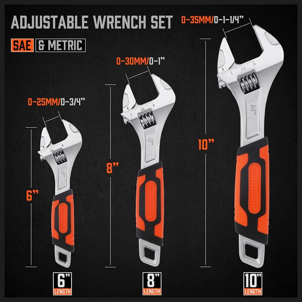 HORUSDY 3-piece adjustable wrench set with 6, 8, and 10-inch sizes, chrome vanadium steel, dual metric and SAE scales, and slip-resistant ergonomic handles
